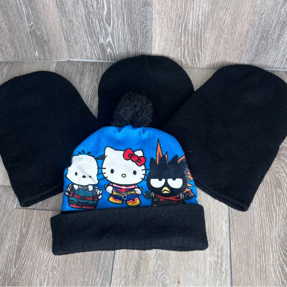 🧢 Sanrio Hello Kitty Superhero Beanie + 3 Black Knit Beanies Bundle
